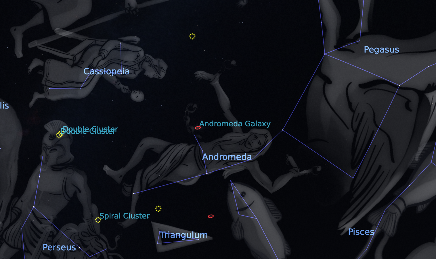Կասիոպեա, Անդրոմեդա և Պեգաս համաստեղությունների սքրինշոթը՝ Stellarium ծրագրից